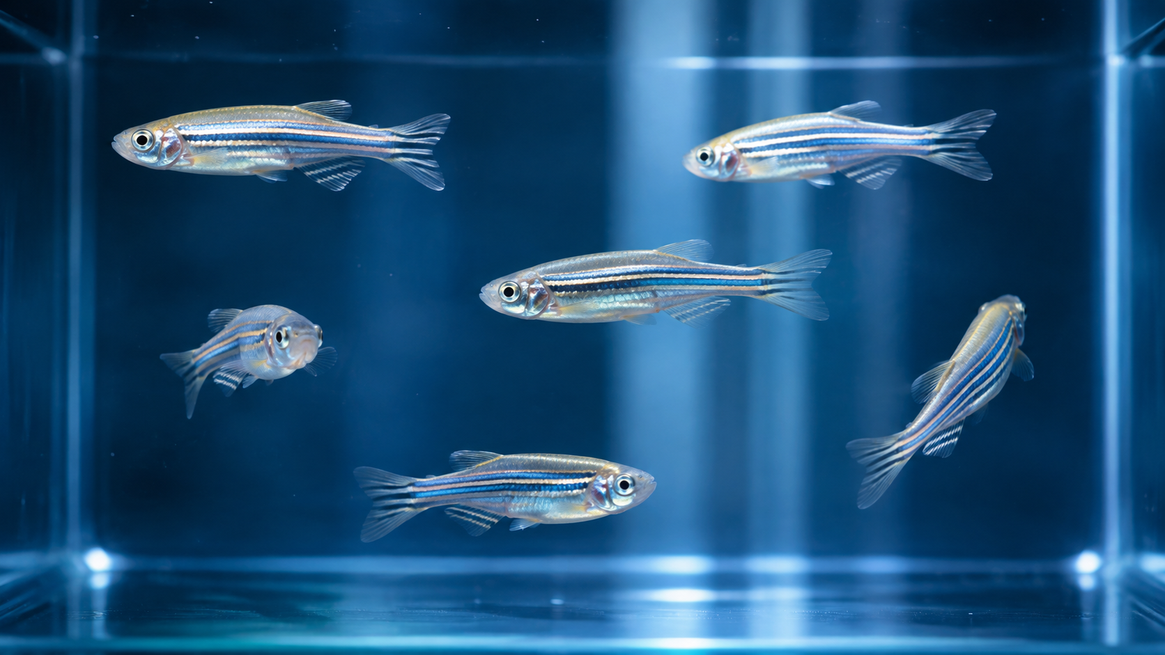 Zebrafish swimming in a blue research tank